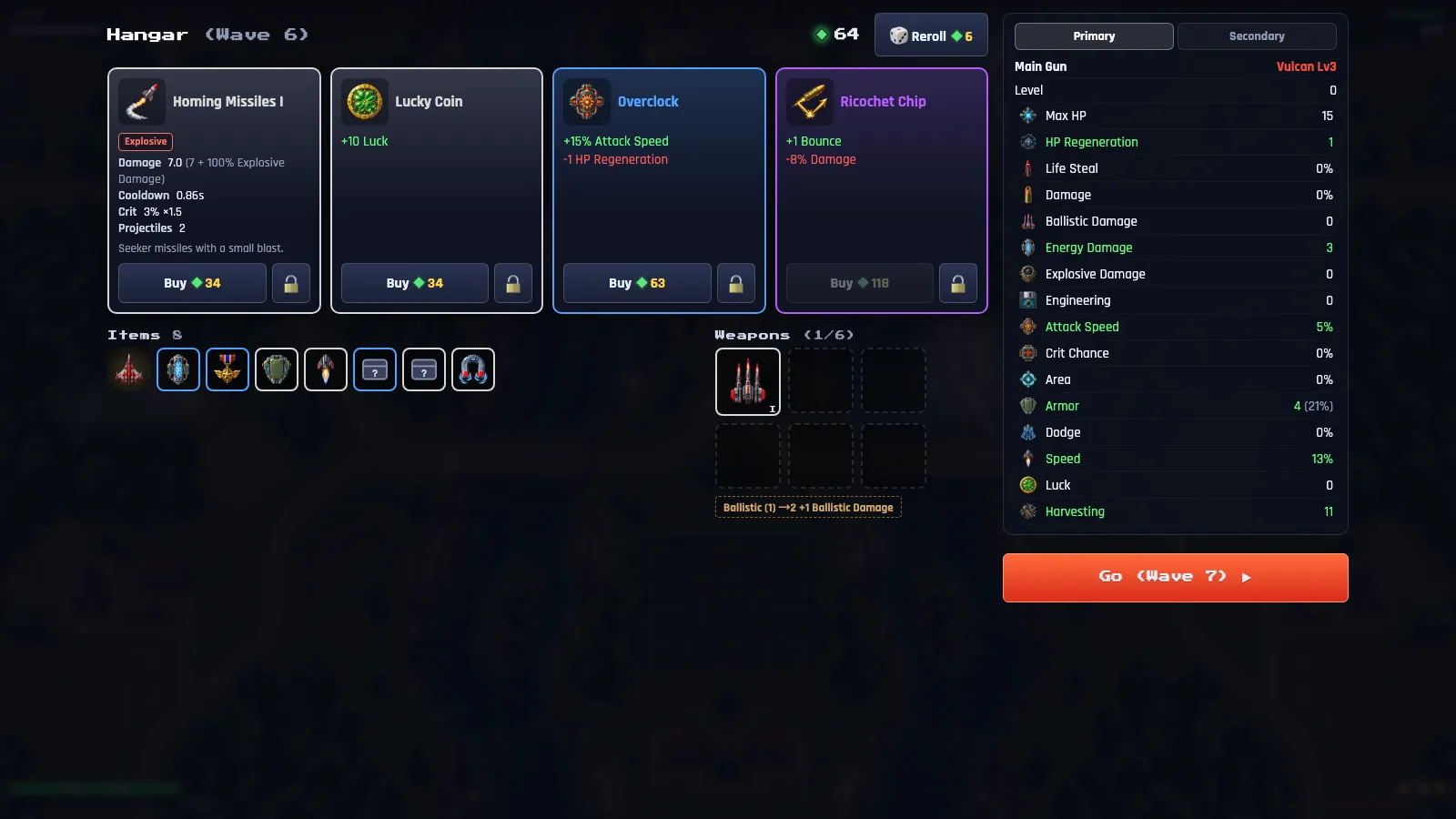 The Shmup Rogue hangar shop between waves with weapons, items and stats
